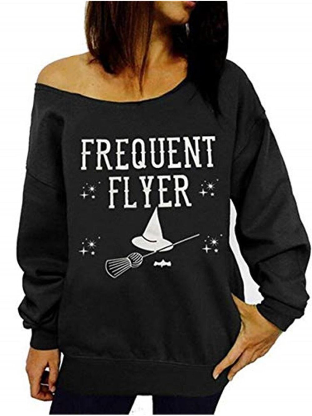Black Frequent Flyer Witch Halloween Off Shoulder Sweatshirt Long Sleeve